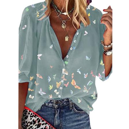 Dam T-shirt Casual Lösa Skjortor Topp Långärmad Butterfly Blo