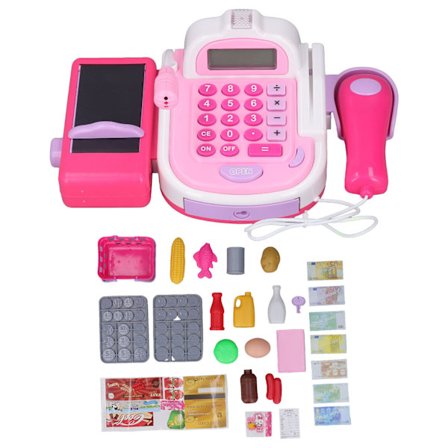 Rosa Lekekasse Leketøyskasse for Barn med Skanner Kalkulator Vekt og Bankkort