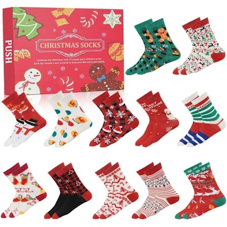 Jule-Sok Adventkalender 2024, 12 Dages Jule-Strømpe Nedtællingskalender, Samleobjekt Adventkalender med 24 Par Festlige Sokker til Mænd og Kvinder