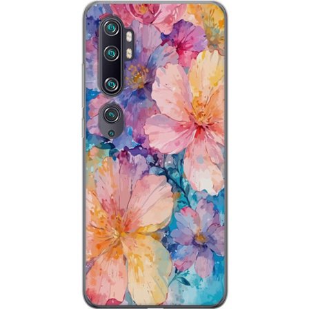 Kompatibelt Mobildeksel til Xiaomi Xiaomi Mi Note 10 Akvarellmaling med store blomster i rosa, blå og gule toner i en myk kunstnerisk stil.