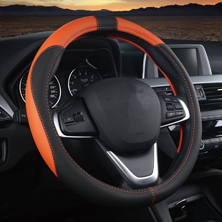 Svart orange dubbelkombination mikrofiber läder bil rattöverdrag allmän 15 tum