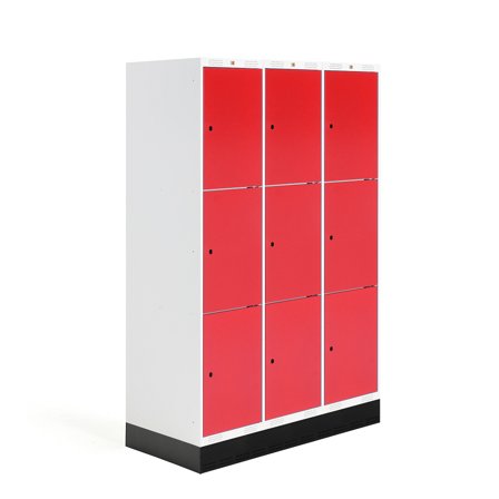Schülerspind ROZ, 3 Module, 9 Türen, 1890x1200x550 mm, rot, inkl. Sockel