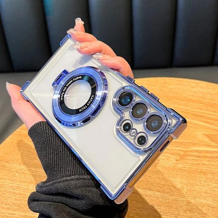 Lyxigt Magnetiskt Pläterat Ställ Stötsäkert Transparent Skal kompatibelt med Samsung Galaxy S25 S24 Ultra S23 S22 Note 20 10 Plus Akryl Baksida