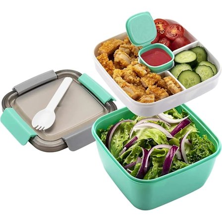 Lunchlåda läckagesäker Bento-låda salladsbehållare med dressingbehållare 3 fack salladslåda-to-go för sallader och snacks, lunchlåda mikrovågsugn 