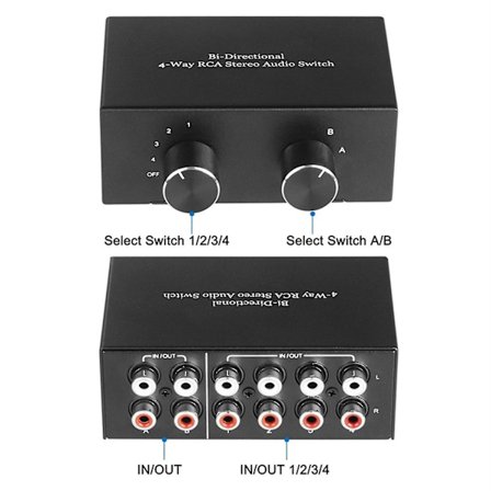 Bi-direksjonell 4-veis Rca Stereo Audio Switch L/r Lydkanal Audio Switcher, 2 In 4 Ut Eller 4 In 2