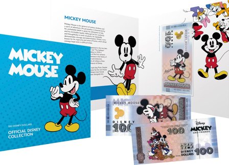Disney - Mickey Mouse - Certificeret 100 Disney Dollar souvenir pengeseddel i folder