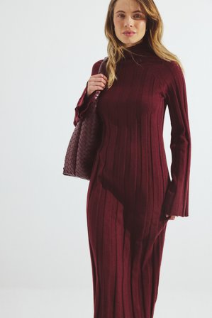 NA-KD Robe longue en maille côtelée à col roulé - Robes de Noël - Bordeaux - XL