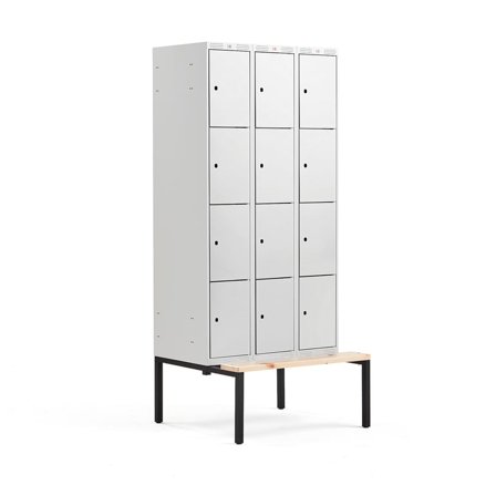 4 door locker CLASSIC, bench seat, 3 modules, 2120x900x550mm, grey