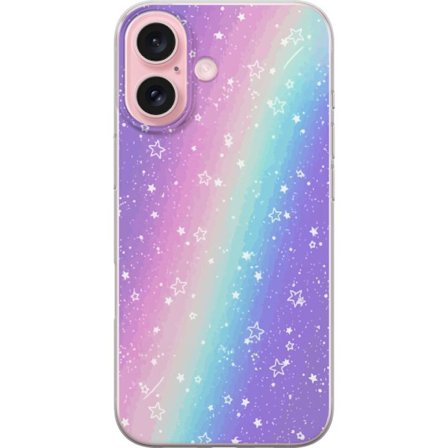 Kompatibelt Mobildeksel til Apple iPhone 16 Rainbow-farget pastellbakgrunn med hvite stjerner og gnistrende prikker i myk overgang