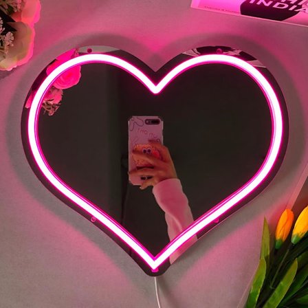 Hjärta Neonskylt Med Dimmer, Rosa Kärleksspegel USB-driven LED Neonljus för Väggdekor Sovrum Fest Studio Butik Bröllopsdag Födelsedagspresenter
