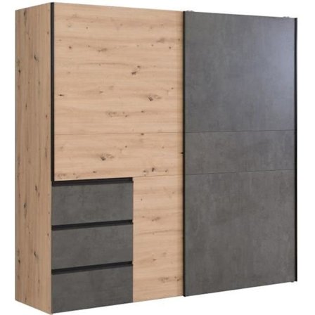 Garderobe med 2 skydelåger og 3 skuffer - Håndværker eg og grå betonindretning - L 200,1 x D 61,2 x H 200,5 cm - WINN2