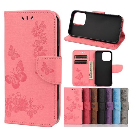 Butterfly Flower Wallet Case for iPhone 13 Pro - Pink