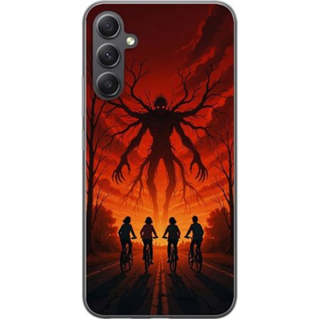 Kompatibelt Mobildeksel til Samsung Galaxy A05s Mørk Stranger Things-inspirert skrekkillustrasjon med rød himmel, monsterfigur og syklende barn i dram