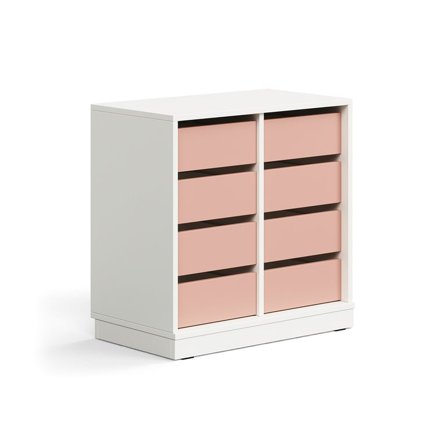 Elevförvaring CASPER, 8 lådor, sockel, vit/mörkrosa