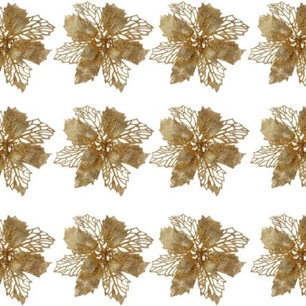 12 stk Gull Glitter Poinsettia for Juletre KLB