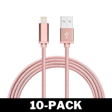 1M Kabel iPhone Laddare Nylon Quick Charge Rosé Guld 10-Pack