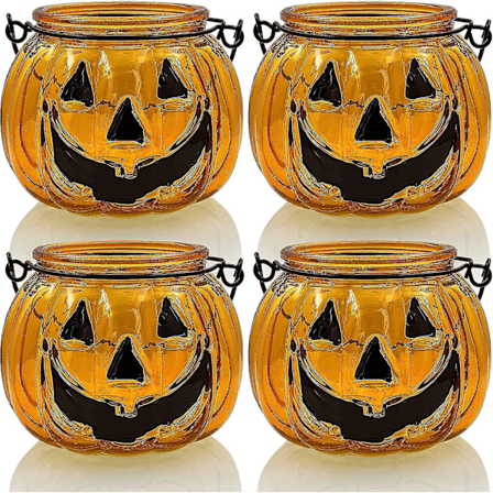 Halloween Lysestaker Sett med 4, Telys Votiv Lysestaker med Grimase, Metall Hengende Gresskarlykt Dekorativ Oransje