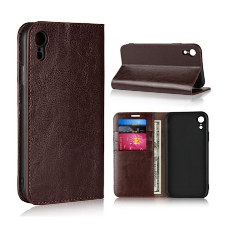 iPhone Xr Äkta läder plånboks mobilfodral - vildhäst texture - Kaffe