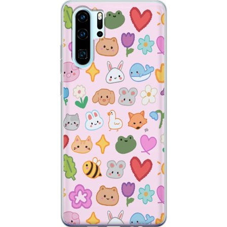 Yhteensopiva Puhelinkuori Huawei P30 Pro Kawaii-ikonit eläimillä, kukilla ja sydämillä