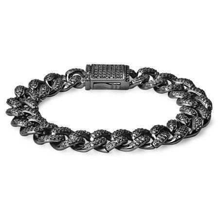 Nicos | Bracelet à maille cubaine en métal noir serti de zircones - 12 mm pour hommes - Bracelets chaînes