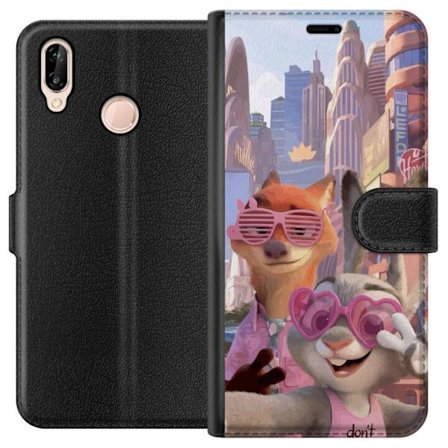 Kompatibelt Lommeboketui til Huawei Huawei P20 lite Animerede dyr i et solfylt bymiljø med rosa solbriller og en positiv melding i en fargerik feel-g