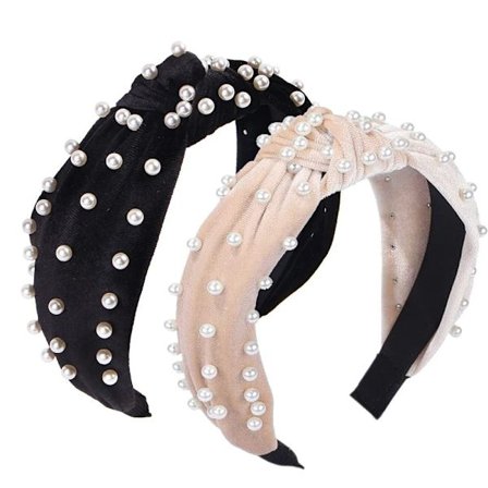 2 stk Hodebånd for Kvinner, Knutet Bredt Hodebånd med Knute, Yoga Hårbånd Mote Elastiske Hårtilbehør for Kvinner og Jenter (Svart Perle, Beige Perle)