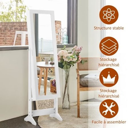 COSTWAY vapaasti seisova korukaappi peilikoruarkilla, kosmetiikan säilytyskaappi, 3 säädettävää asentoa, valkoinen