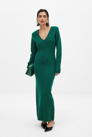 Handpicked x NA-KD Knitted V-Neck Maxi Dress - Langærmede maxikjoler - Grøn - L (EU 42-44)