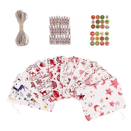 Jul Adventskalender Presentpåse Set 24 Omslagspåsar 24 Etiketter 24 Klämmor 1 Snöre Kit Jul Festival Presentinslagning