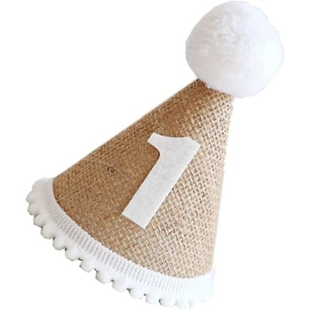 1. syntymäpäiväkartiohattu: 1. syntymäpäivähattu, juhlahattu, pellavainen syntymäpäiväpäällinen, syntymäpäiväjuhlatarvikkeet