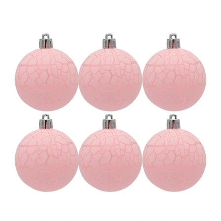 6 stk. 6 cm julekugler med krakeleeffekt, lette at hænge op, festlige, klare farver, juletræskugler, ophæng Pink