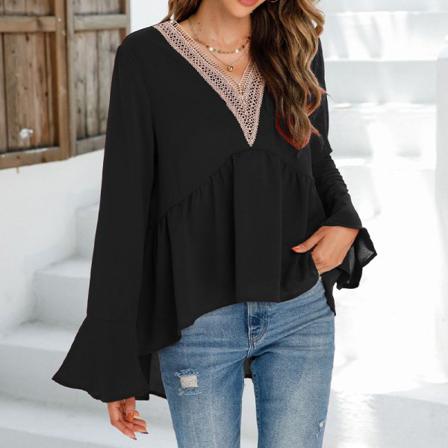 Kvinnor V-hals Hög Låg Fåll T-shirt Volang Enfärgad Chiffong Toppar