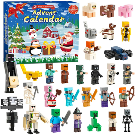 Julkalender 2024 - 24-dagars byggklossar leksaksfigurer nedräkningskalender inklusive 29 animefigurer julleksaker, julhelg