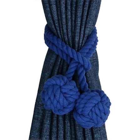 2 stk. Gardinholdere Håndstrikkede Flettede Gardinbånd med Dobbelt Kugle Bomuldsreb Kvast - Blå (ShiKai) (FMY)