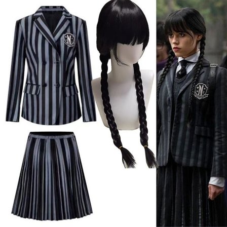 Onsdag Addams Cosplay Skoluniform Klänning och Peruk 7-8 År