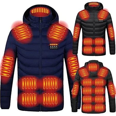 Oppvarmet jakke for menn og kvinner med hette, oppvarmet varm jakke, vindtett, USB-oppladbar, elektrisk oppvarmet jakke, blå, 3XL