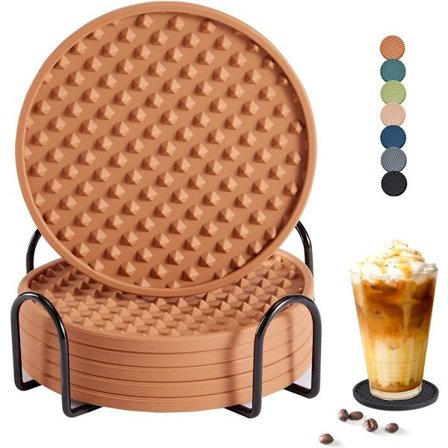 Drikke Brikker Sæt med 6 med Holder, Silikone Brikker Bordbeskytter til Enhver Bordtype, Brikker, til Boligindretning og Bryllupsgaver, Brun