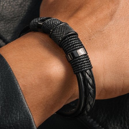 Black Leather & Stainless Steel Icon Bracelet for Men - Leather bracelets
