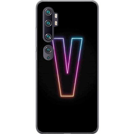 Kompatibel Mobilcover til Xiaomi Xiaomi Mi Note 10 Neonbogstav V i farvegradueret lys mod sort baggrund, minimalistisk design med tydelig glød og mod
