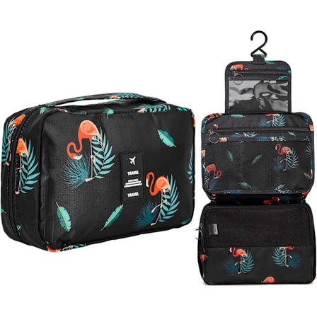 Toilet taske til kvinder, stor kapacitet, sort flamingo, hængende toilettaske