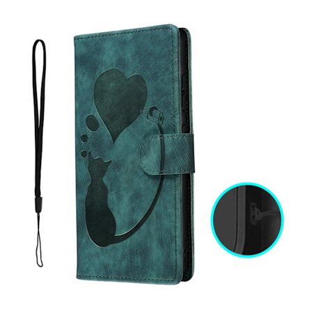 Etui til iPhone 15 Grønn-preget Kattehjerte Lær Etui Kattehjerte 3D-preget Flip Lommebok med Kortholder