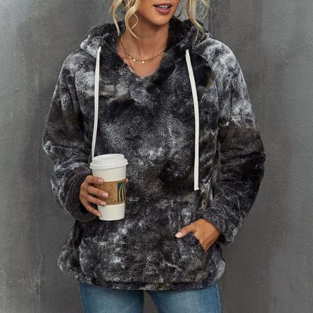 Kvinnor Dragstring Tie Dye Fuzzy Fleece Tröja Med Huva