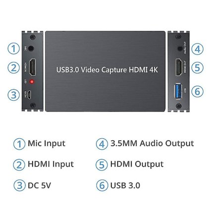 4K HDMI Capture Card, fånga 1080P HD-video, HDMI USB 3.0 Live Videoinspelning med HDMI-utgång, mikrofoningång YEMAESRE