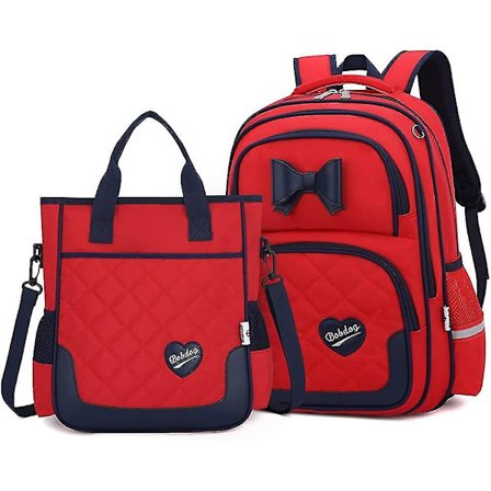 Skoltasker til piger, 2-delt sløjfe-rygsæk til studerende, prinsesse-rygsætsæt til folkeskolen (rød)