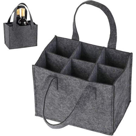 Filt vinflaskepose - 6 flaskers vinpose - med håndtak - vinflaskeholder - for vin - øl - champagne (grå - svart)