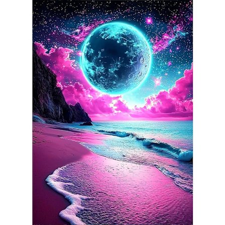 Landskab Måneskin Strand Diamant Maleri Sæt til Voksne, Havside Måne Diamant Kunst til Begyndere, DIY Fuld Rund Bor Diamant Maleri, Hjem Vægindretning