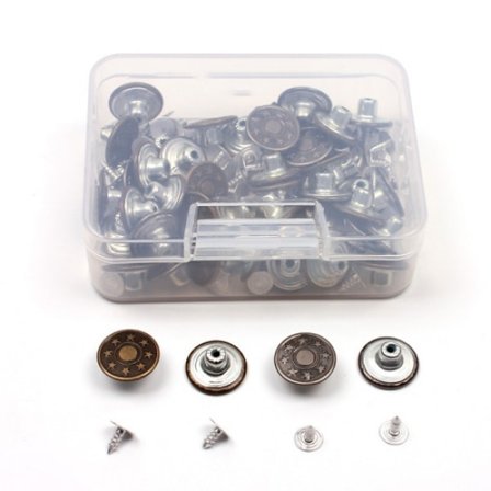 Låda med 50 set jeans knappar I-knapp knappar antik koppar pistolm