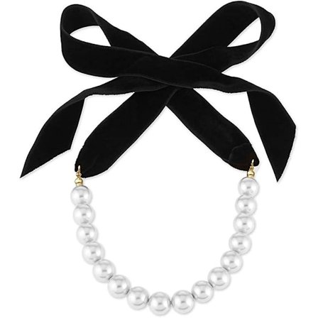 Svart choker-halskjede i fløyel med langt bånd, sløyfe med perle, håndlaget gave