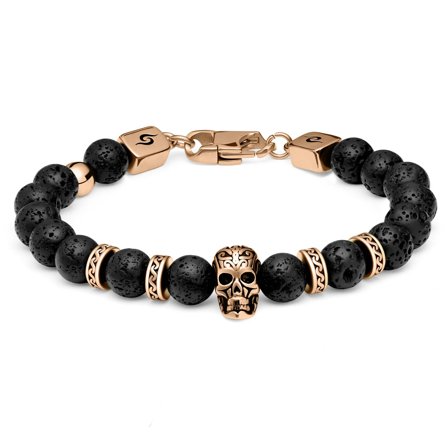 Rico | Pulsera de calavera de acero inoxidable en tono oro rosa y piedras de lava para hombres - Pulseras de acero