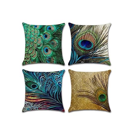 Sett med 4 dekorative putetrekk i bomull og lin med påfuglfjær 45 x 45 cm